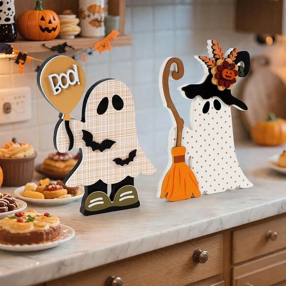 Halloween Decorations Indoor, 2 Pack Cute Wooden Halloween , Witchy Ghost with B - Picture 6 of 9